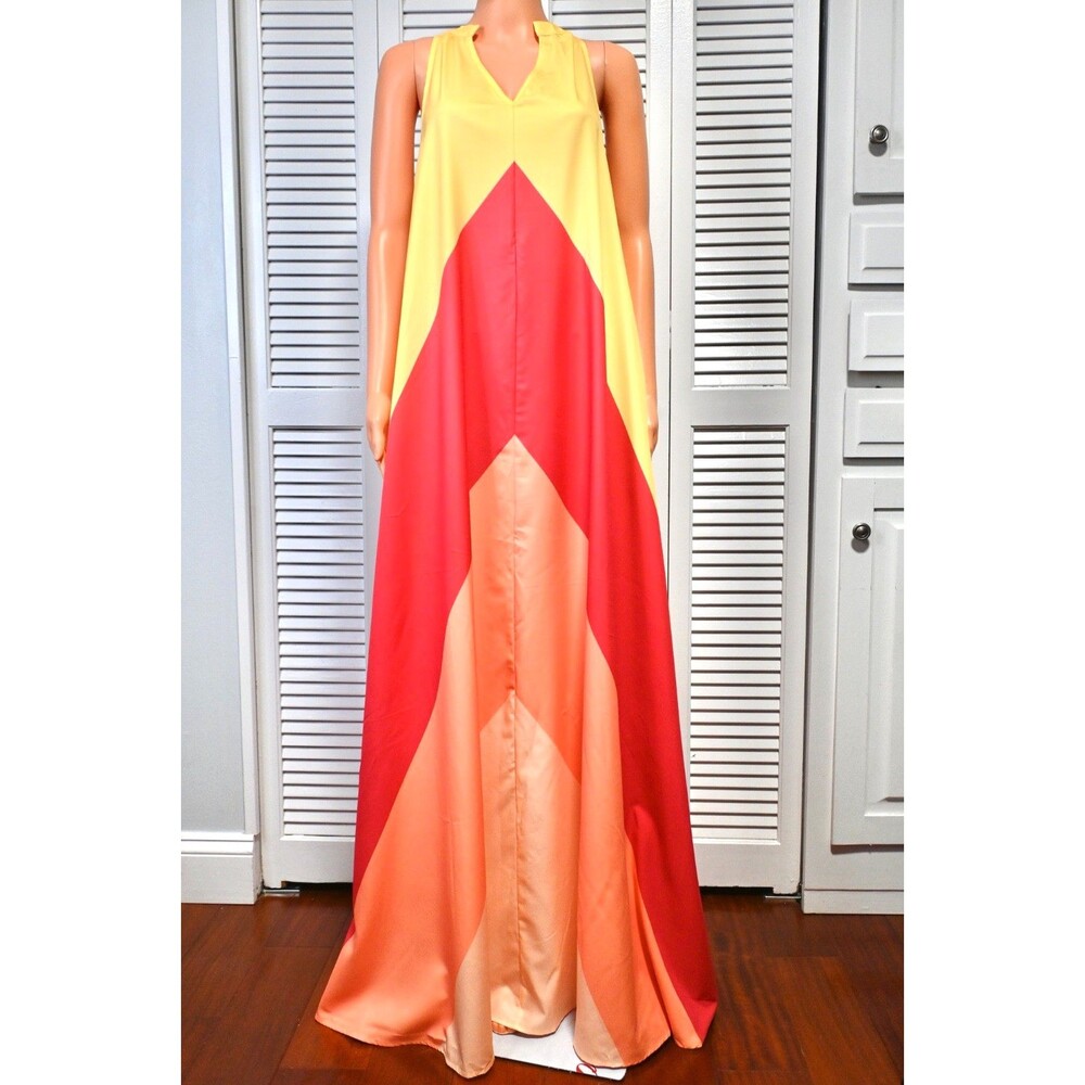 Shein XS Maxi Dress Yellow Red Colorblock Sleeveless V-Neck Flowy